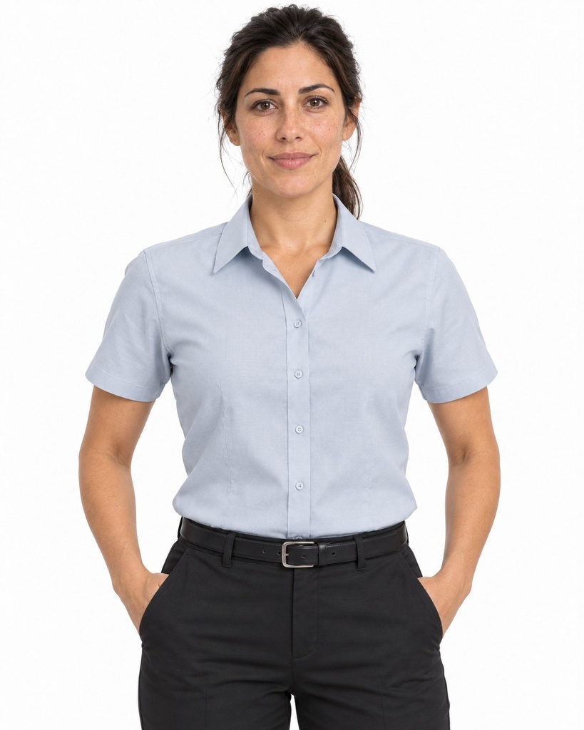 Camisa Social Mujer Oxford Manga Corta, Celeste 003 — T1 · frente, mujer